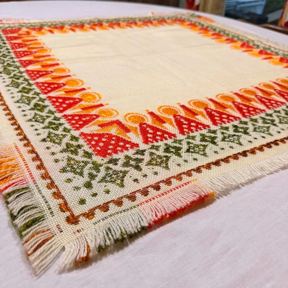 Vintage MCM Retro Woven Table Topper Wall Hanging Geometric Orange Green 30x30